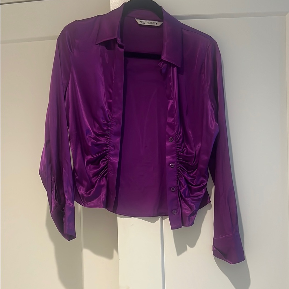Zara Purple Ruched 3/4 Sleeve Blouse 1